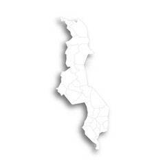 Malawi political map of administrative divisions - districts. Flat white blank map with thin black outline and dropped shadow.
