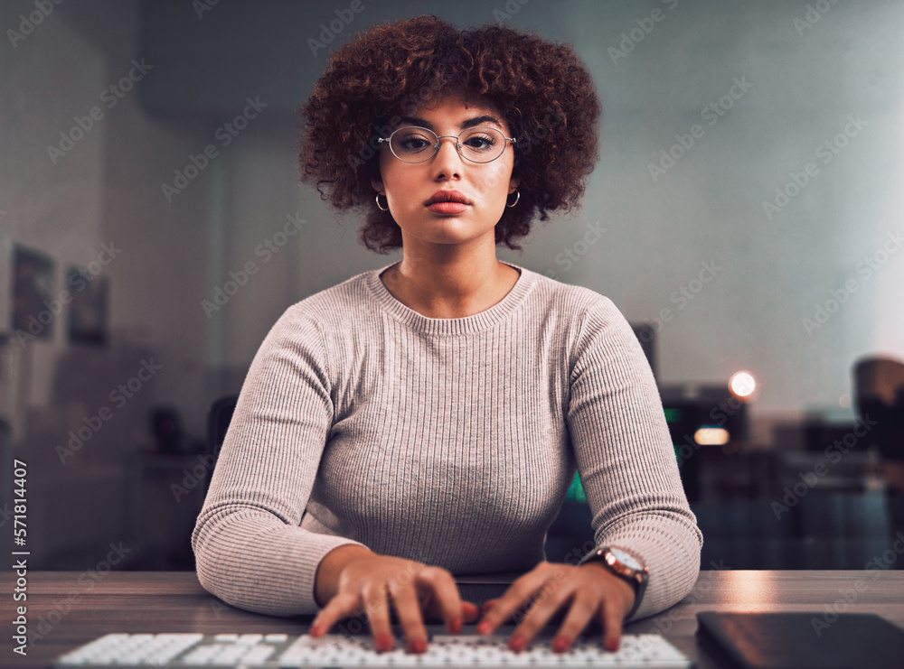 Leinwandbilder Portrait, programmer keyboard and woman typing, research or programming online at night. Information technology, computer keypad and female employee or coder with glasses working on software project.
