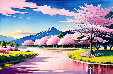 Cherry Blossoms Pink Flowers Springtime trees. Fantasy Illustration Painting ai generated Watercolor