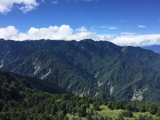 Fototapeta na wymiar A view of endless mountains at an altitude of 3,000 meters above in summer morning in Kunyang, Hehuanshan, Taiwan.