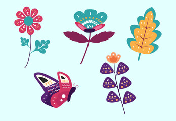 Cute Butterfly and Leaf Flower Bohemian Elements
