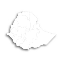 Ethiopia political map of administrative divisions - regions and chartered cities. Flat white blank map with thin black outline and dropped shadow.