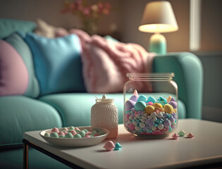 cute candy in the glass container on the living room table, Generative AI