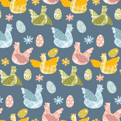 Chicken pattern with checkered fabric texture. Chicken, rooster and eggs and flowers of different colors. Easter palette. Background for printing. Gift wrapping. Children's vector illustration © Svetlana