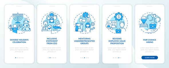 Fototapeta na wymiar DEI initiatives for workplace blue onboarding mobile app screen. Walkthrough 5 steps editable graphic instructions with linear concepts. UI, UX, GUI template. Myriad Pro-Bold, Regular fonts use