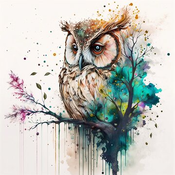 Farbenfrohe Eule in Aquarell, made by Ai, Ai-Art