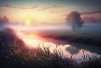 Beautiful sunrise over a misty meadow in summer morning created with AI