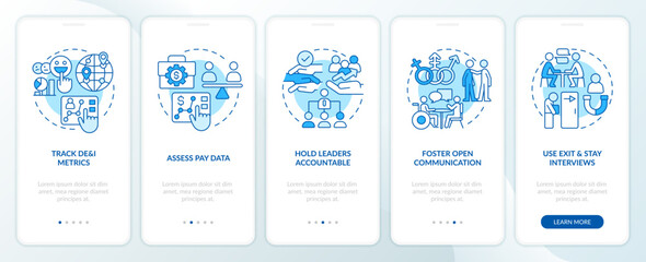 Making DEI efforts practices blue onboarding mobile app screen. Walkthrough 5 steps editable graphic instructions with linear concepts. UI, UX, GUI template. Myriad Pro-Bold, Regular fonts use