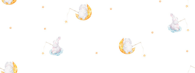seamless pattern with a rabbit on the moon catching stars with a fishing rod, children's design, wallpaper