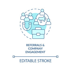 Referrals and company engagement turquoise concept icon. Diversifying candidate abstract idea thin line illustration. Isolated outline drawing. Editable stroke. Arial, Myriad Pro-Bold fonts used