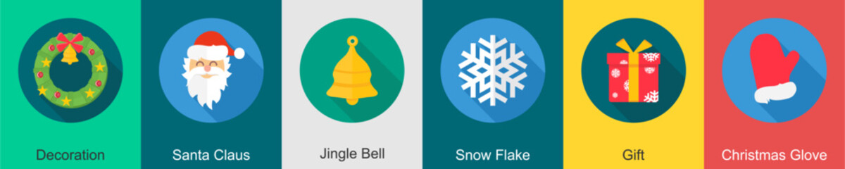 A set of 6 Christmas icons as decoration, santa claus, jingle bell