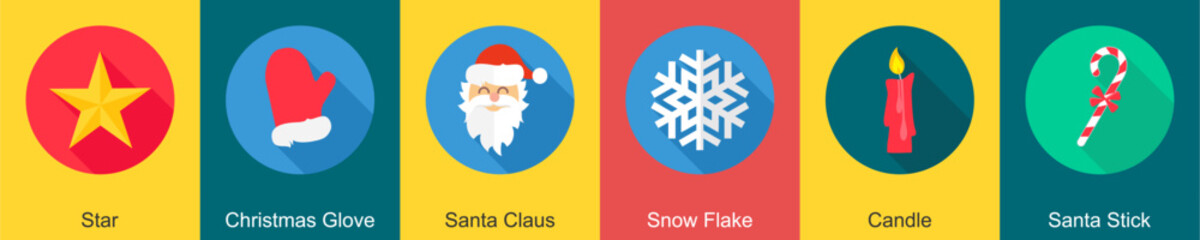 A set of 6 Christmas icons as star, christmas glove, santa claus