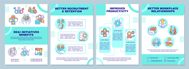 DEI initiatives benefits mint brochure template. Leaflet design with linear icons. Editable 4 vector layouts for presentation, annual reports. Arial-Black, Myriad Pro-Regular fonts used