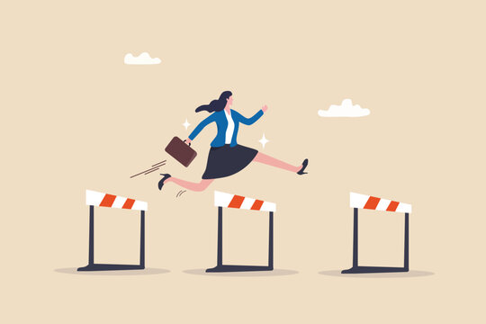 Overcome obstacle or challenge, success journey or aspirations, determination, progress or effort to overcome difficulty concept, confidence businesswoman entrepreneur jumping over series of hurdles.