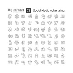 Social media advertising linear icons set. Digital marketing technology. Online business promotion. Customizable thin line symbols. Isolated vector outline illustrations. Editable stroke
