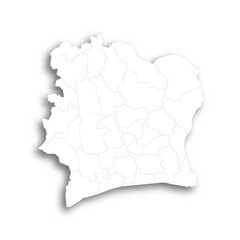 Ivory Coast political map of administrative divisions - regions and autonomous districts. Flat white blank map with thin black outline and dropped shadow.