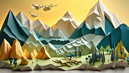 Origami landscape, colorful, Made by AI,Artificial intelligence
