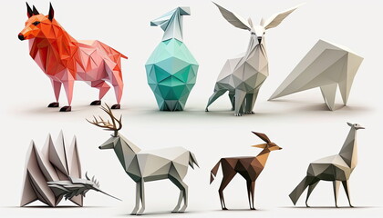 Set of Animals Origami, white background, Made by AI,Artificial intelligence