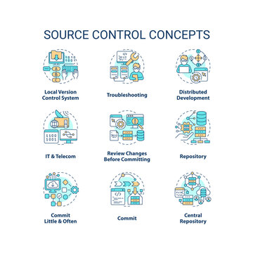 Source control concept icons set. Tracking and managing changes to code idea thin line color illustrations. Isolated symbols. Editable stroke. Roboto-Medium, Myriad Pro-Bold fonts used