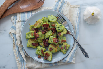 healthy home made Gnocchi with wild garlic