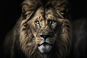 Fototapeta na wymiar Portrait of huge beautiful male lion, animals, wildlife, Generative AI