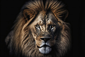 Fototapeta na wymiar Portrait of huge beautiful male lion, animals, wildlife, Generative AI