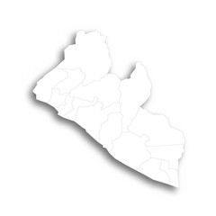 Liberia political map of administrative divisions - counties. Flat white blank map with thin black outline and dropped shadow.