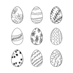 Set of hand drawn various Easter eggs with botanical ornament. Happy Easter doodle clipart - Easter eggs ornament sketch. Isolated on white background.
