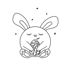 Hand drawn cute Easter bunny with egg. Happy Easter doodle clipart. Isolated on white background.