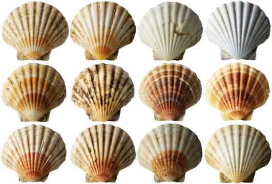 Collection of Conch Shells (Scallop Shells - See Pectinidae), isolated on white or transparent background, photography, png.