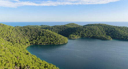 Aerial view of the beautiful forested Island of Mljet, a national park in Croatia