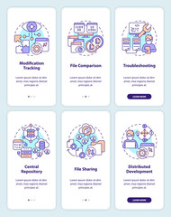 Fototapeta premium Version control system benefits onboarding mobile app screens set. Walkthrough 3 steps editable graphic instructions with linear concepts. UI, UX, GUI template. Myriad Pro-Bold, Regular fonts used