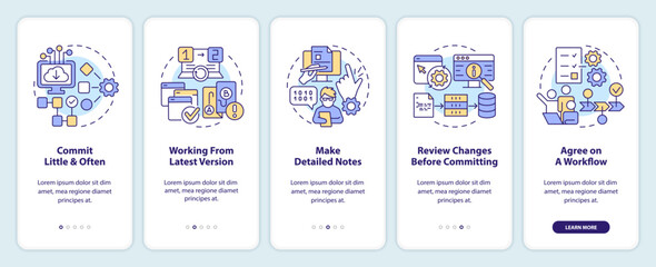 Source code management best practices onboarding mobile app screen. Walkthrough 5 steps editable graphic instructions with linear concepts. UI, UX, GUI template. Myriad Pro-Bold, Regular fonts used