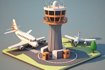 A funny 3d representation of an airport with planes, control tower and hangars. Concept: Airports mini world. Generative ai
