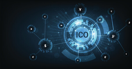 Currency exchange and IT startup crowdfunding concept. Ico icon and connected currencies on dark blue background. ICO vector illustration.