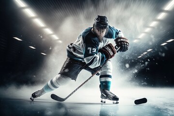 Ice Hockey Rink Arena: Professional Player Shooting, Hitting. Stricking the Puck with Hockey Sticks. Athlete Scoring a Goal. Generative ai