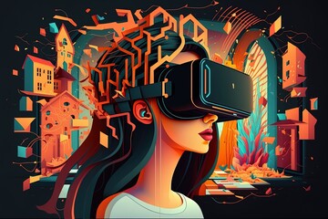 Metaverse illustration concept shows a beautiful woman enjoying the virtual world that showing beautiful landscape by using the virtual reality glasses. Generative ai