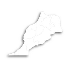 Morocco political map of administrative divisions - regions. Flat white blank map with thin black outline and dropped shadow.