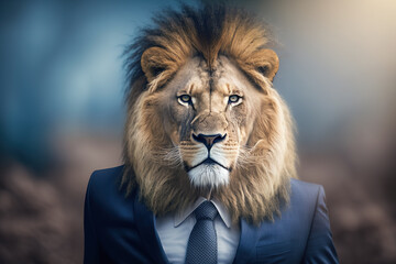 Business portrait male lion in business suit against the background of buildings in the bokeh, the energy of a leader and leader, strength and confidence, the animal. Generative AI