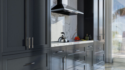 Shaker cabinet doors of dark gray kitchen, kitchens design with marble counter, tall pantry cabinets and chrome metal door handles - obrazy, fototapety, plakaty