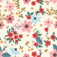 A pattern of pink, blue and red flowers with berries and green leaves on a light yellow background. Cute vintage composition for wallpaper, print, poster, postcard.