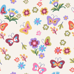 A pattern of small red, pink, purple and green butterflies and turquoise flowers on a light background. Cute aesthetic composition for wallpaper, print, poster, postcard.