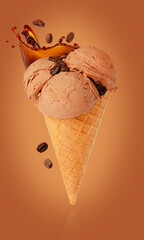 Coffee ice cream in a waffle cone.