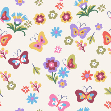 A pattern of small red, pink, purple and green butterflies and turquoise flowers on a light background. Cute aesthetic composition for wallpaper, print, poster, postcard.