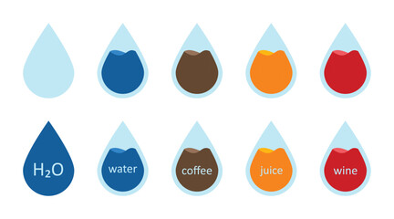 Water drop icons set. Drop of wine, juice, water, coffee. Vector illustration.