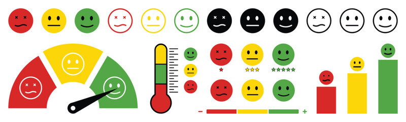 Pain scale meter. Speed dial indicator. Emoticons emoji faces collection. Emoji icons for rate. Vector illustration.