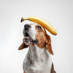 Portrait of smiling beagle with a banana on his head. Funny dog studio shot white background. Pet...
