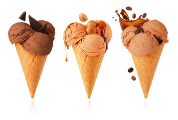 Set of waffle cones with chocolate, caramel and coffee ice cream