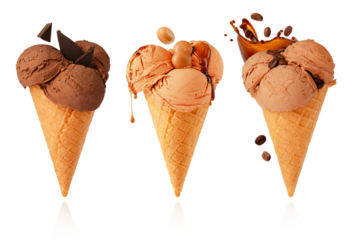 Set of waffle cones with chocolate, caramel and coffee ice cream