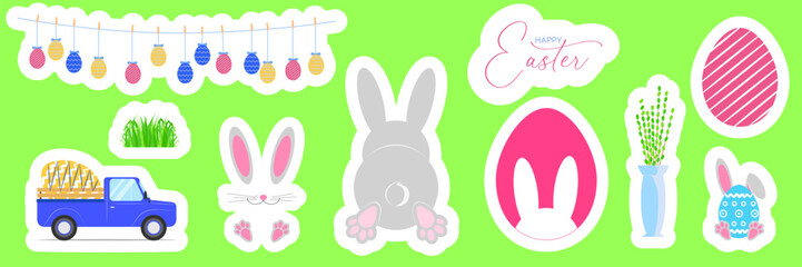 Set of Easter stickers. Easter symbols and elements as eggs, bunny, spring. Happy Easter. Vector illustration.